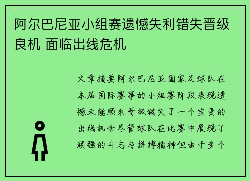 阿尔巴尼亚小组赛遗憾失利错失晋级良机 面临出线危机