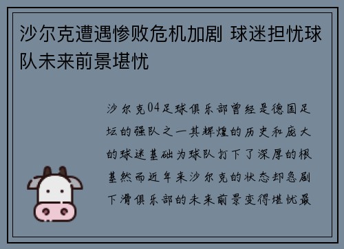 沙尔克遭遇惨败危机加剧 球迷担忧球队未来前景堪忧