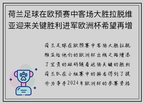 荷兰足球在欧预赛中客场大胜拉脱维亚迎来关键胜利进军欧洲杯希望再增添砝码