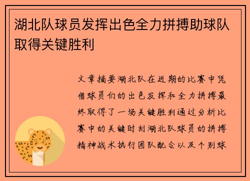 湖北队球员发挥出色全力拼搏助球队取得关键胜利