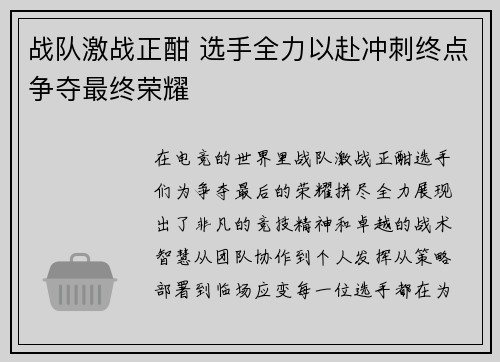 战队激战正酣 选手全力以赴冲刺终点争夺最终荣耀